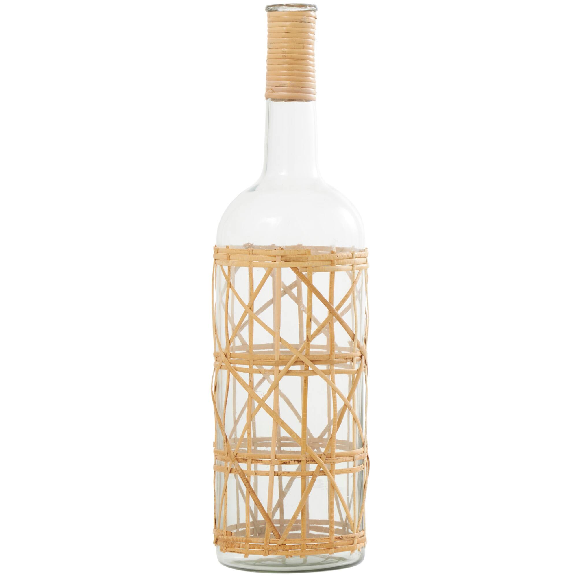 23" Clear Glass Handmade Tall Vase with Light Brown Rattan Woven Body and Neck